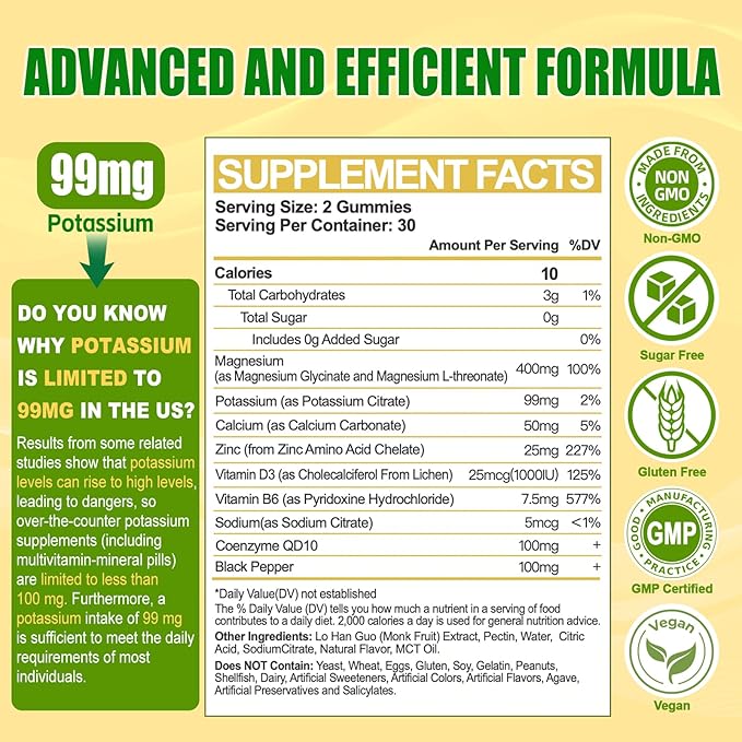 Potassium Supplement Gummies for Adults: Potassium Citrate 99 mg - Potassium Magnesium Supplement for Muscle, Electrolyte, Energy