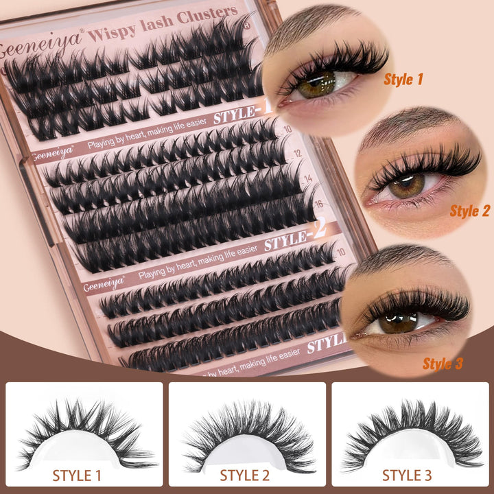 Geeneiya Wispy Lash Clusters 6 Styles Eyelash Clusters Natural Cluster Eyelash Extensions D Curl Individual Lashes 9-16mm DIY Lash Extension for Beginners(Wispy/Manga/Cat Eye/Natural/Spiky/Cross)