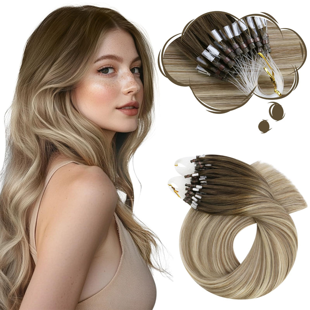 Moresoo Micro Link Hair Extensions Human Hair Dark Brown To Light Brown With Blonde Micro Loop Hair Extensions Real Human Hair B