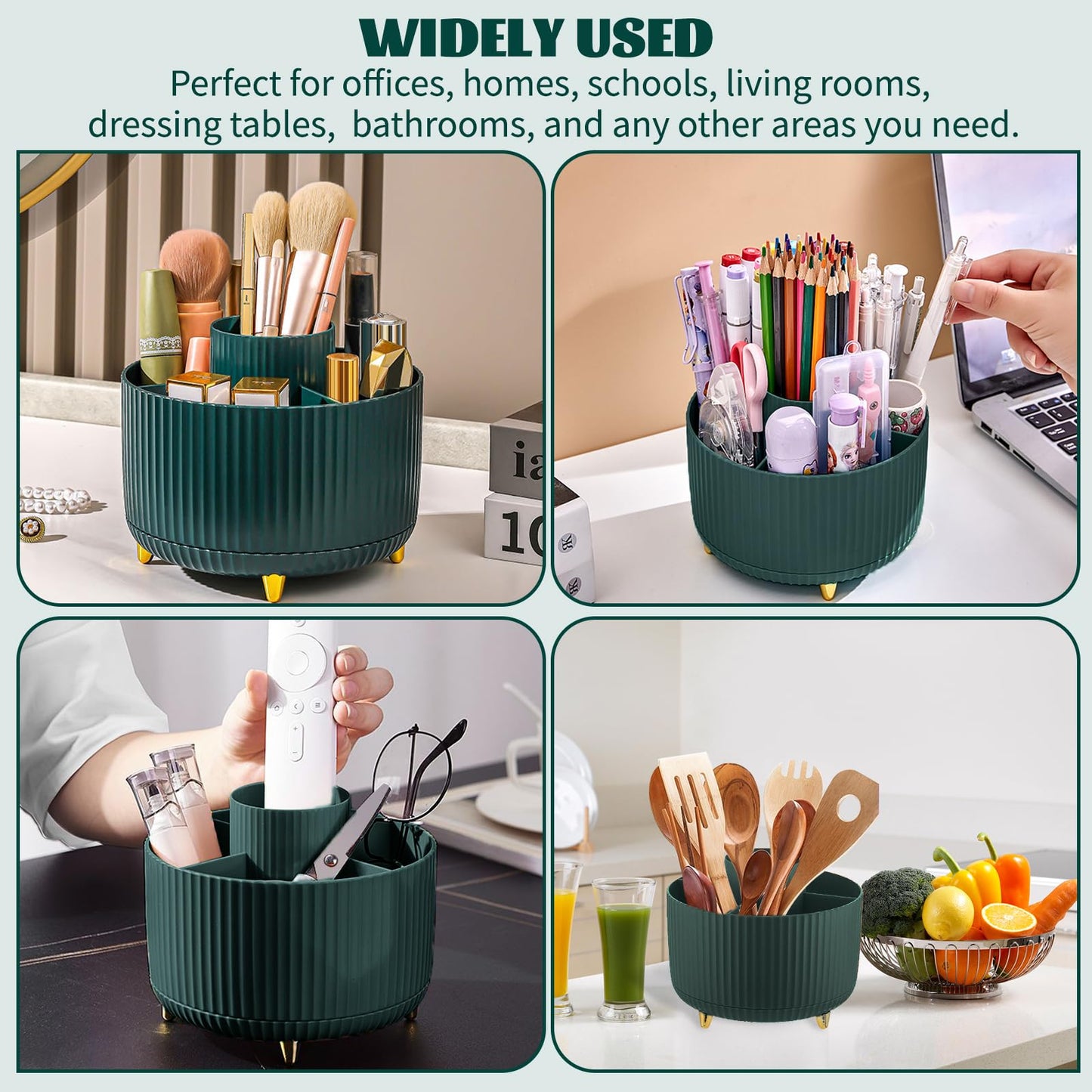 360° Rotating Makeup Organiser, Make Up Brush Holder with 5 Compartments, Desk Storage Container for Bedroom Dressing Table Cosmetics Organizer, Office Stationery Storage, Desktop Pen Holders (Green)