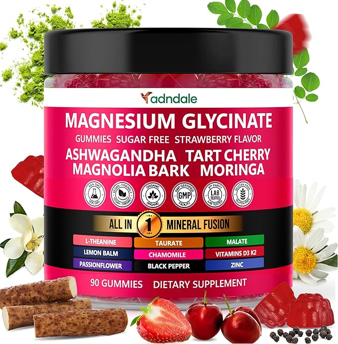 90ct 15-in-1 Magnesium Glycinate Gummies 400 mg/serv- with Magnesium Malate, Ashwagandha, Tart Cherry, Magnolia Bark, Lemon Balm, Passionflower, Chamomile, L-Theanine, Zinc, Vitamin K2 & D3