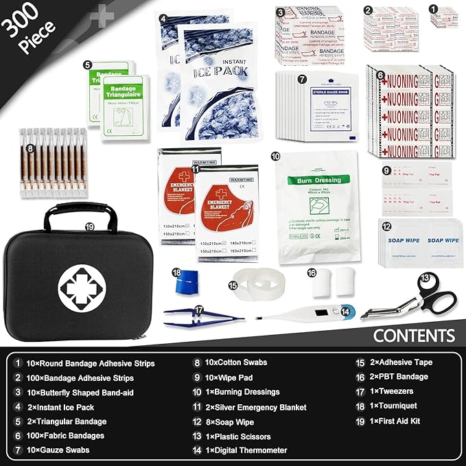 300PCS Home First Aid Kit for Hiking Car Travel Emergency Kit First Aid Bag Outdoor Backpacking Gear for Disaster Preparedness Black Monoki