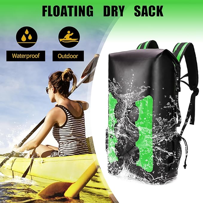8 Fans Waterproof Backpack 50L,Floating Dry Bag with Phone Case,Roll Top Closure Waterproof Bag for Kayak Boating Sailing Canoeing Rafting Fishing Camping Green