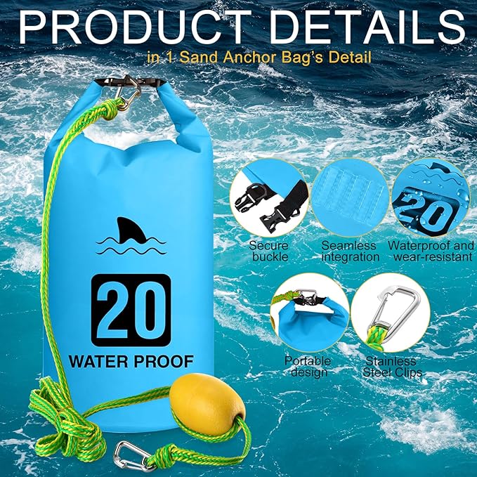2 Set 20L Sand Anchor Heavy Duty Buoy Kit 2 in 1 Kayak Anchor Floating Waterproof Dry Bag with High Visibility Float Rope for Lake Beach Boat Hiking Camping Water Sports Surfing Kayaking(Sky Blue)