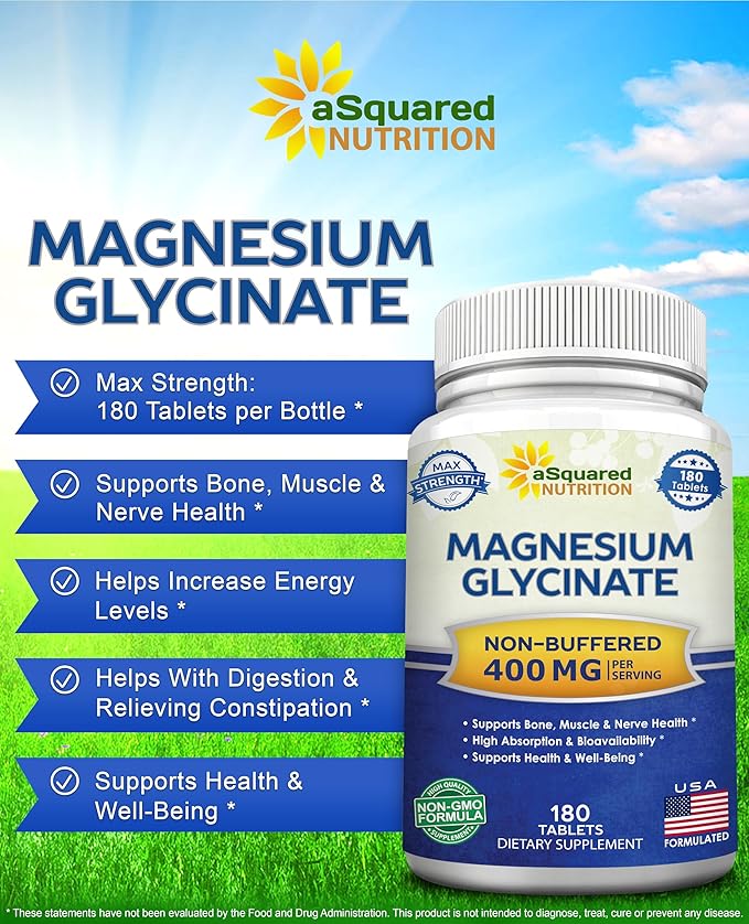 aSquared Nutrition Magnesium Glycinate 400mg - 180 Tablets - Max Strength Magnesium Bisglycinate Supplement -Maximum Bioavailability & Absorption-Non-GMO -Not Buffered-Supports Muscles, Bones & Heart