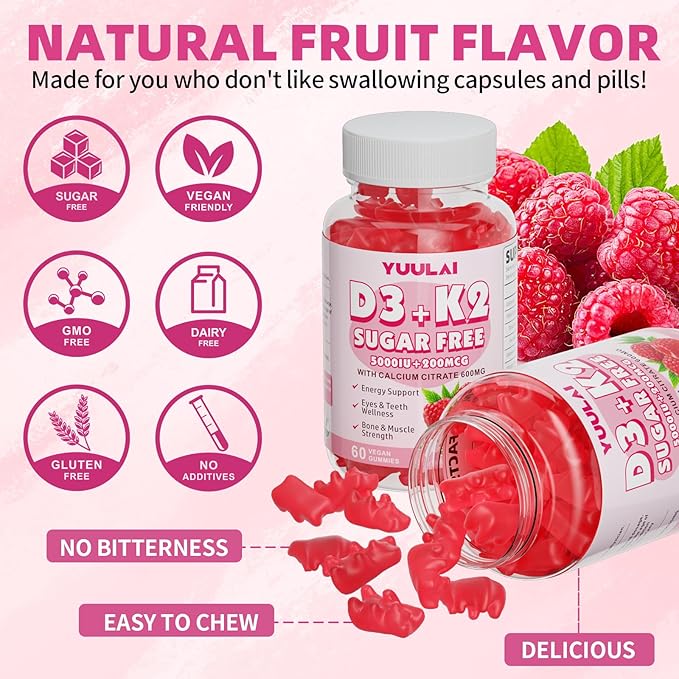 Pack of 2 Vitamin D3 K2 Gummies, D3 Vitamin 5,000 IU + K2 200mcg - Vegan K2 D3 Vitamin Supplement, Highly Absorbent Supports Bone, Muscle, Immune, Raspberry, 120 Count