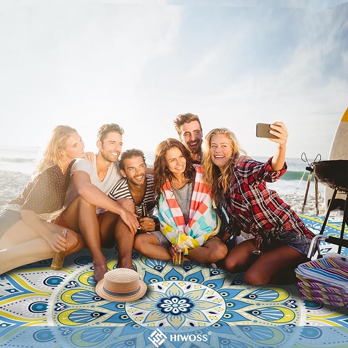 Beach Blanket Waterproof Sandproof Oversized 95”x 80”,Sand Free Beach Mat with Corner Pockets,Portable Mesh Bag for Beach Festival,Picnic,Travel and Outdoor Camping (Oceansunyellow)