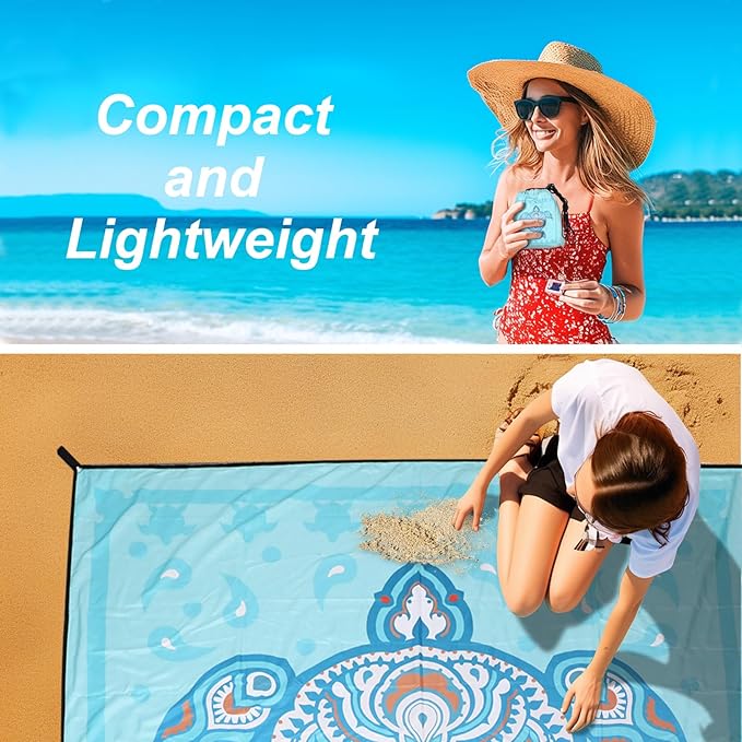 Beach Blanket Waterproof Sandproof, 79" x 83" Extra Large Sand Free Quick Drying Beach Mat, Compact Outdoor Picnic Mat for Travel, Hiking, Camping (Blue Sea Turtle)