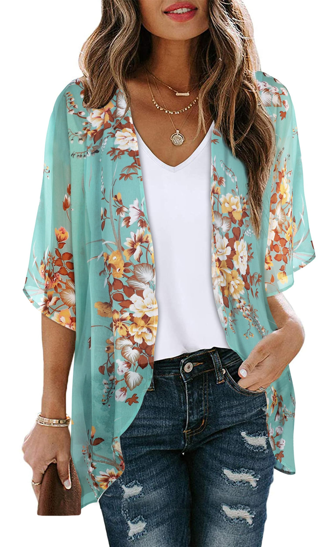 Womens Kimonos Bathingsuit Cover Ups Floral Cardigan 3/4 Sleeves Shrug Summer Tops Resortwear(Aqua Blue,S)