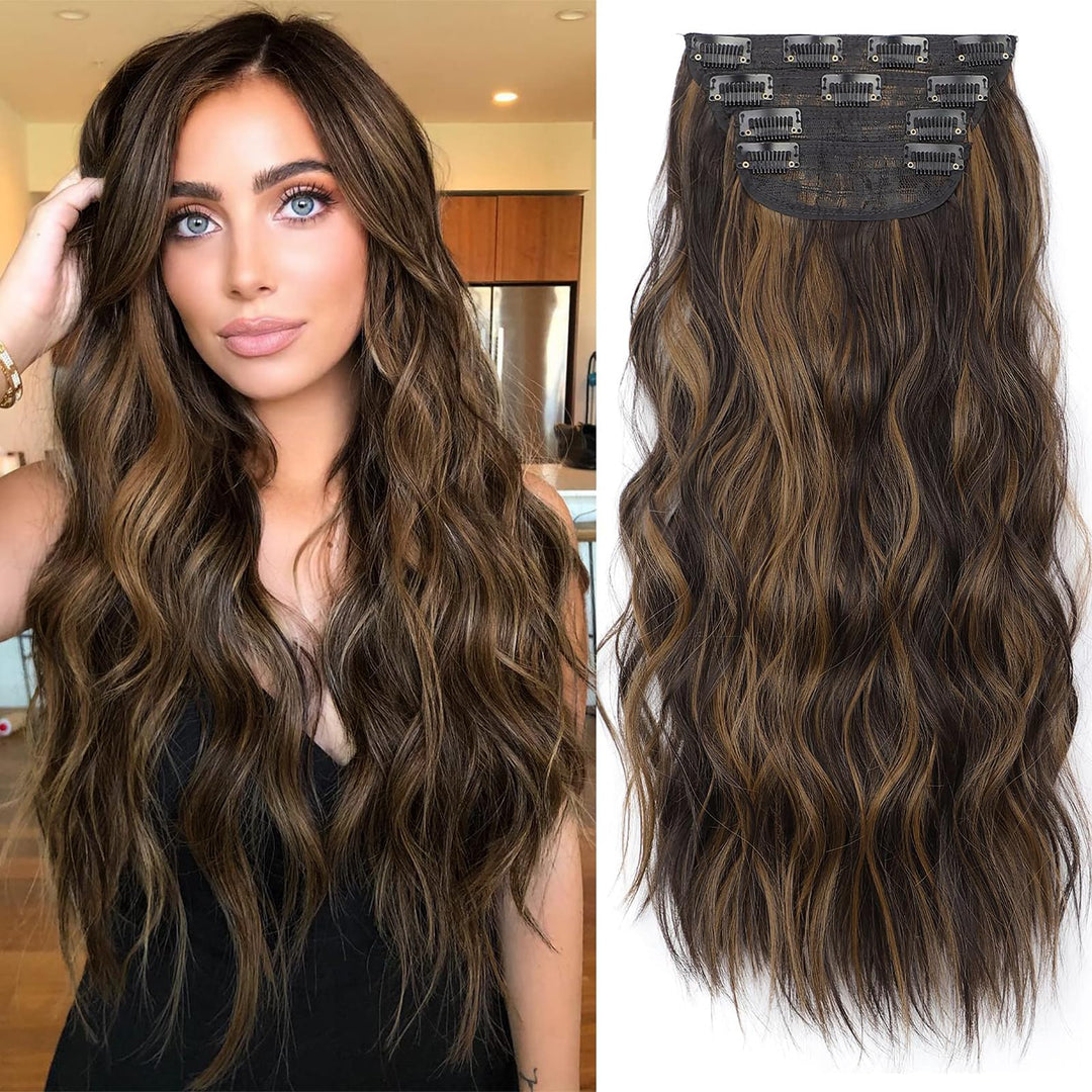 Kookastyle Clip In Synthetic Hair Extensions Long Wavy 4Pcs Thick Hairpieces Balayage Dark Brown To Chestnut Fiber Double Weft N