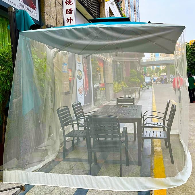 7.5-11ft Beige Patio Umbrella Mosquito Netting, with Double Zipper Door, Polyester Mesh Net Screen Universal for Almost Outdoor Market Table Umbrellas & Cantilever Offset Hanging Umbrella w/Tilt