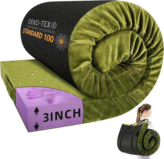 BDEUS Memory Foam Camping Mattress Pad 3inch Waterproof Roll Up Bed Sleeping Mat for Adults Portable Roll Up Mattress for Travel Guest Floor Bed Cot Mattress for Car, Tent