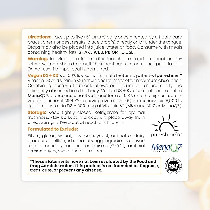 Pure TheraPro Rx Vegan D3 + K2 Organic 100% Liposomal 10ml Made in USA | 3 Month Supply | Maximum Absorption Vitamin D3 and Vitamin K2 Supplements for Men and Women, D3 Vitamin 5000 IU