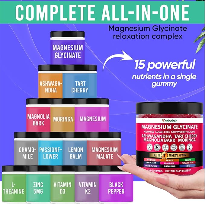90ct 15-in-1 Magnesium Glycinate Gummies 400 mg/serv- with Magnesium Malate, Ashwagandha, Tart Cherry, Magnolia Bark, Lemon Balm, Passionflower, Chamomile, L-Theanine, Zinc, Vitamin K2 & D3