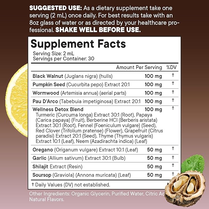 Black Walnut Wormwood Cleanse Drops - Liquid Soursop, Garlic, Pumpkin Seed, PAU D'Arco, Oil of Oregano, Turmeric, Berberine, Neem Extract, Hull Bark, Tincture - - 4oz