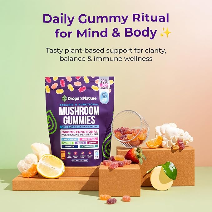 Ashwagandha Gummies and Lions Mane Mushroom Gummies Supplement - Organic - Reishi, Cordyceps, Turkey Tail, Maitake, Shitake, Chaga - Immune Defense, Boosts Cognitive Performance, Vegan, Low Carb