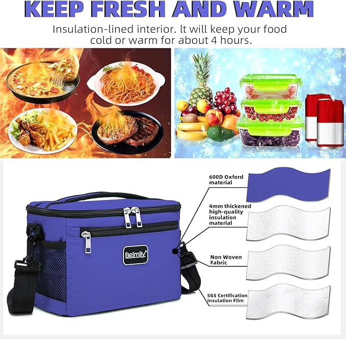 BEIMILY Lunch Box for Men/Women,Small Insulated Lunch Bag,Reusable LunchBox for work Picnic Hiking Beach,Leakproof Soft Cooler Tote Bag Organizer with Adjustable Shoulder Strap for Adults(Purple)
