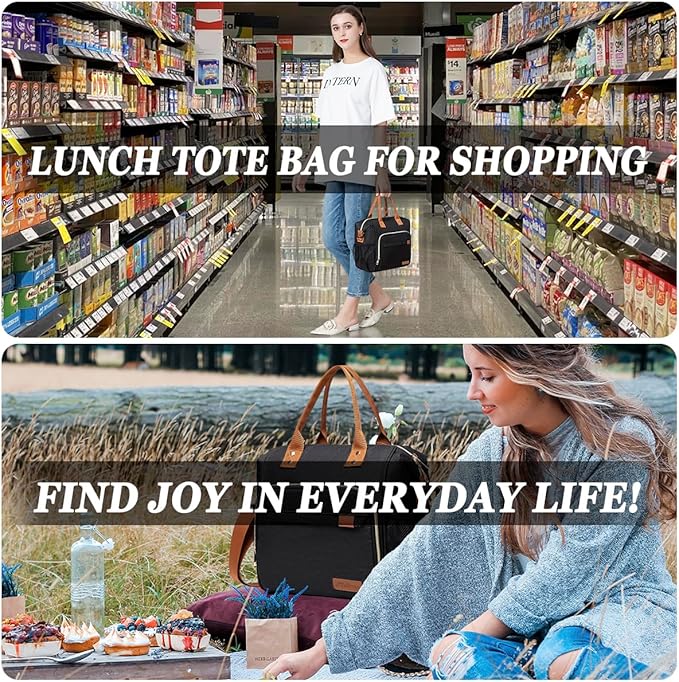 Black Lunch Box for Women Insulated Lunch Bag for Work - Adult Stylish Lunch Tote Bag for Shopping Soft Cooler for Beach Picnic Travel