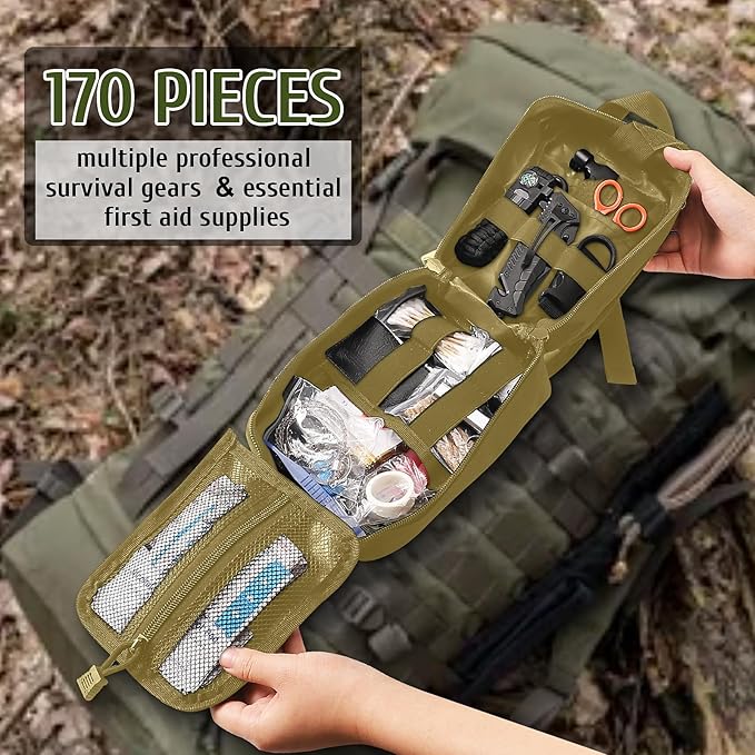 Survival Kits, 170 PCS First Aid Kit/Trauma Kit with Essential Survival Gear Emergency Medical Supplies for Hiking Camping Backpacking Outdoor Adventure, Gifts for Him Dad Men Christmas