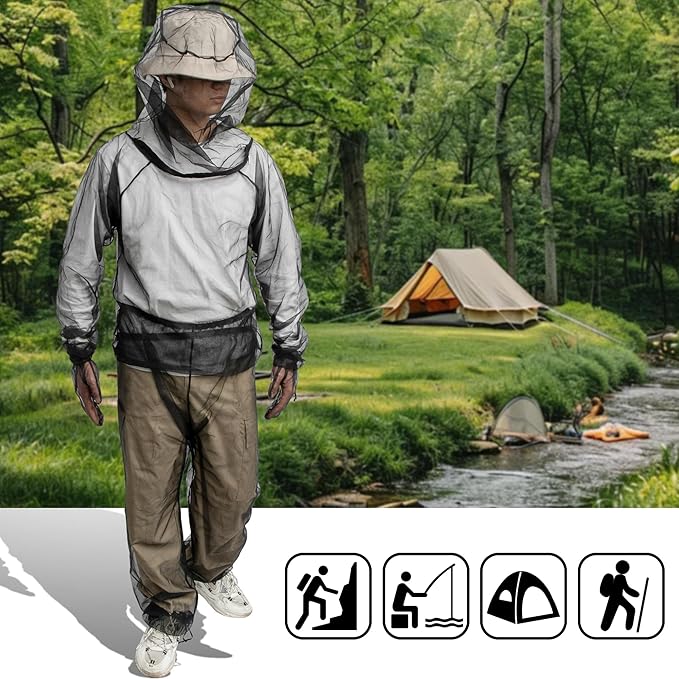 4 Pcs Mosquito Suit for Adult-Full Body Mosquito Net Suit Including Jacket Hood,Pants and Mitt Set-Outdoor Mesh Bug Protection from Bugs,Flies and Gnats
