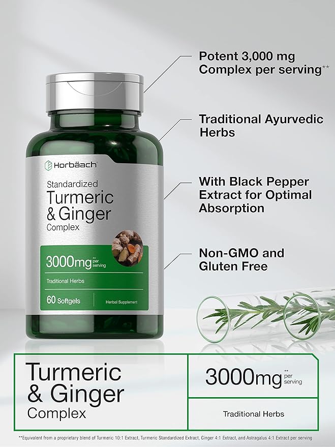 Horbäach Turmeric and Ginger Supplement 3000 mg | 60 Softgel Capsules | Turmeric Curcumin Complex with Black Pepper Extract | Non-GMO, Gluten Free