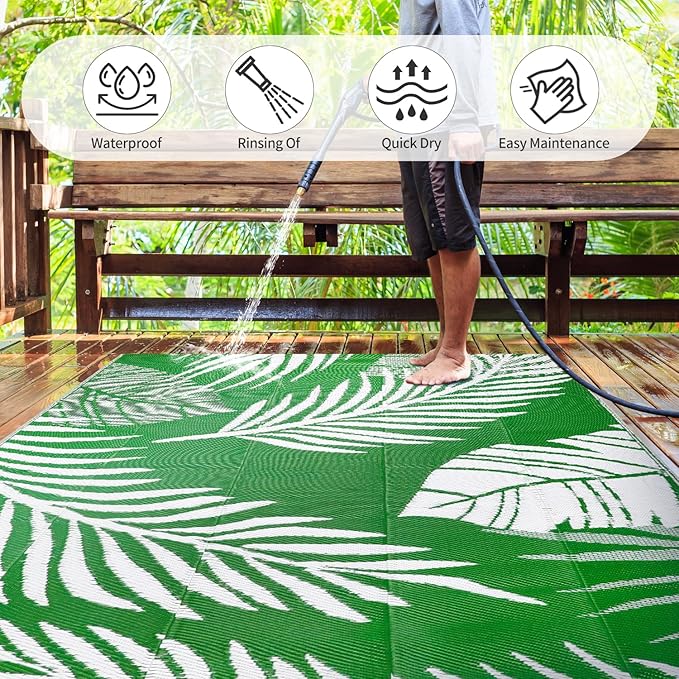 Waterproof Outdoor Rug 5x8ft, Green Leaf Reversible Plastic Straw Mat for Patio RV Deck Porch Backyard Balcony Camping Picnic Beach Indoor Outdoor Carpet, Green&White