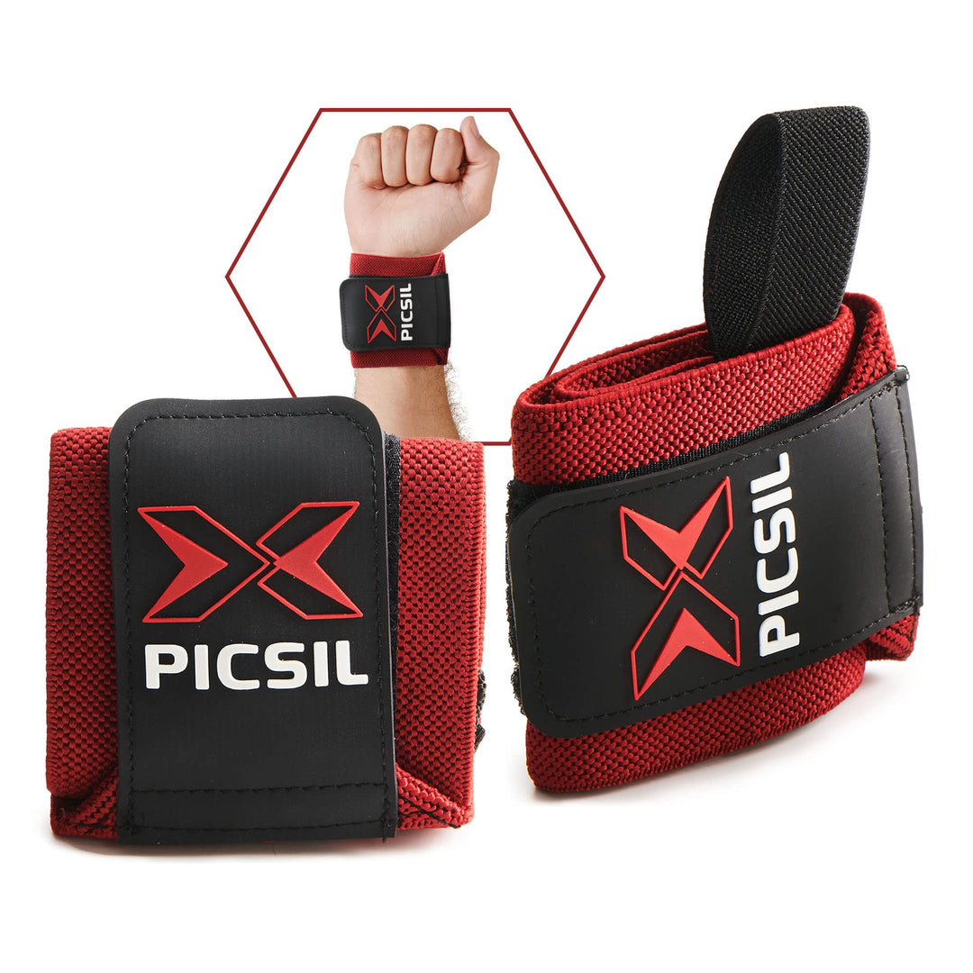 PICSIL Wrist Wraps with Double Fabric Fastener, Stretchable Wrist Straps for Weightlifting, Cotton Wrist Straps with Thumb Loop, Advanced Weightlifting Straps for Comfort and Stability, Red
