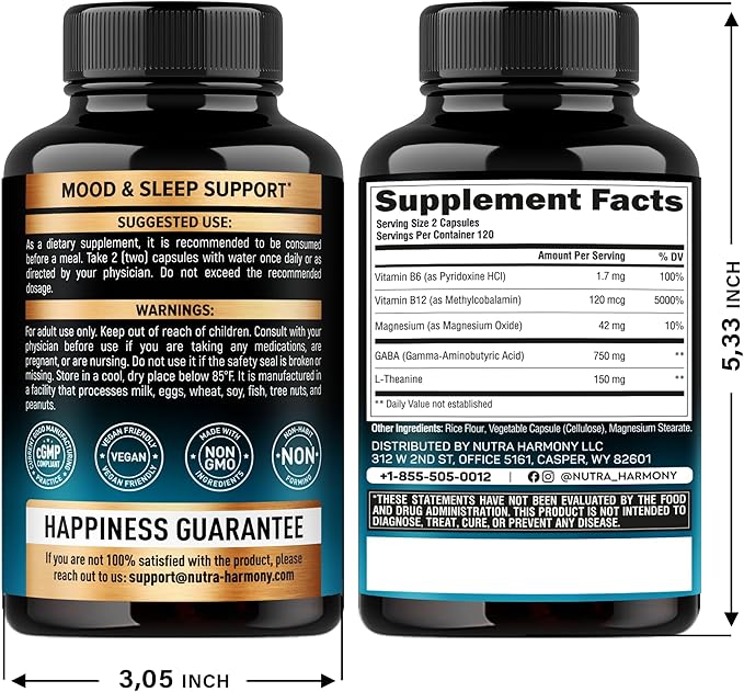GABA L-Theanine 900 mg - Made in USA - Magnesium | Vitamin B6 - Calm, Sleep, Relaxation & Mood Support - 750 mg Gamma AminoButyric Acid, 150 mg L-Theanine - Non-Habit Forming, Vegan - 240 Capsules