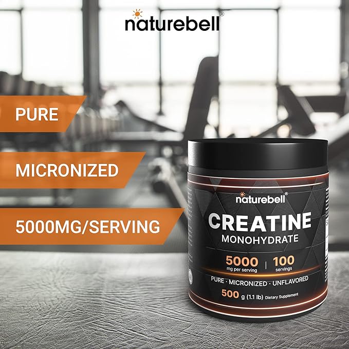 NatureBell 2 Pack Instant Creatine Monohydrate Powder 500 Grams, 5000mg Per Serving, Unflavored Micronized Creatine Powder - Pre Workout | Keto | Vegan | Dissolves Easy | Filler Free