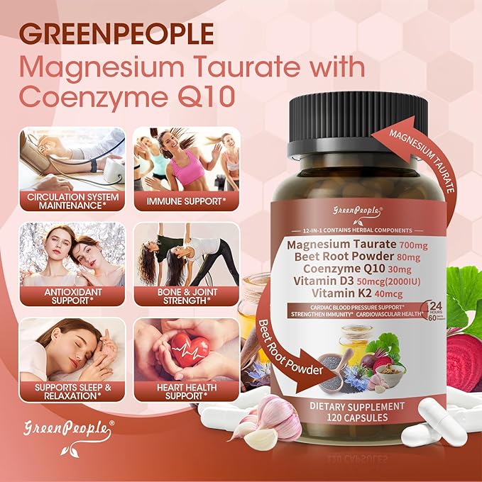 Magnesium Taurate Capsules, 12-in-1 Complex - Beet Root, CoQ10, Resveratrol for Heart Support, Immue Support, High Absorption Magnesium Taurate Complex Supplement for Men and Women, 120 Capsules