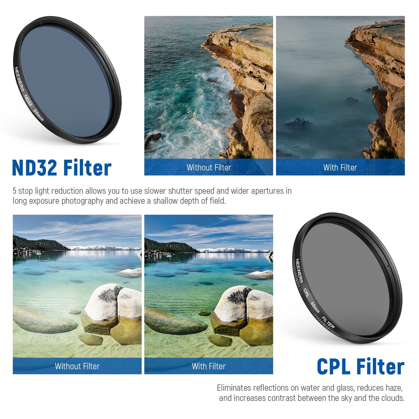 NEEWER 55mm ND/CPL/Effect Filter Set with Camera Lens Clamp Clip, Polarizing ND32 6 Point Star 4 Graduated Colour Filters Set Compatible with 16 15 14 Pro Max Plus 13 12 Samsung
