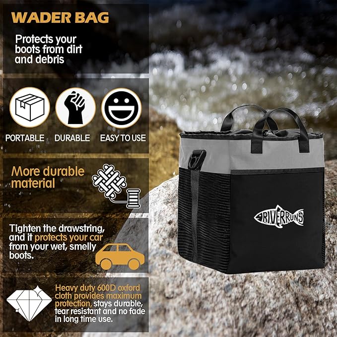 Riverruns Fishing Hunting Wader Bag with Vented Mesh, Waders Boots Bag, Fly Fishing Backpack for Fishing, Hiking, Camping