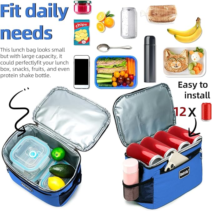 BEIMILY Lunch Box for Men/Women,Small Insulated Lunch Bag,Reusable LunchBox for work Picnic Hiking Beach,Leakproof Soft Cooler Tote Bag Organizer with Adjustable Shoulder Strap for Adults(Royal Blue)