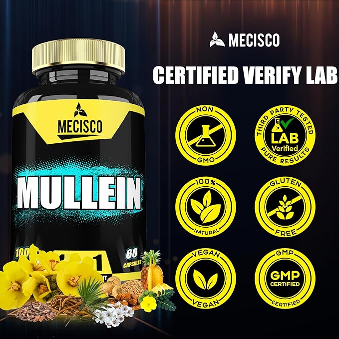 Mullein Leaf Supplement with Panax Ginseng Root, Cordyceps Sinensis & More - 60 Capsules - 11in1 Support Respiratory Health, Immune System, Energy Production, and Ability to Remember