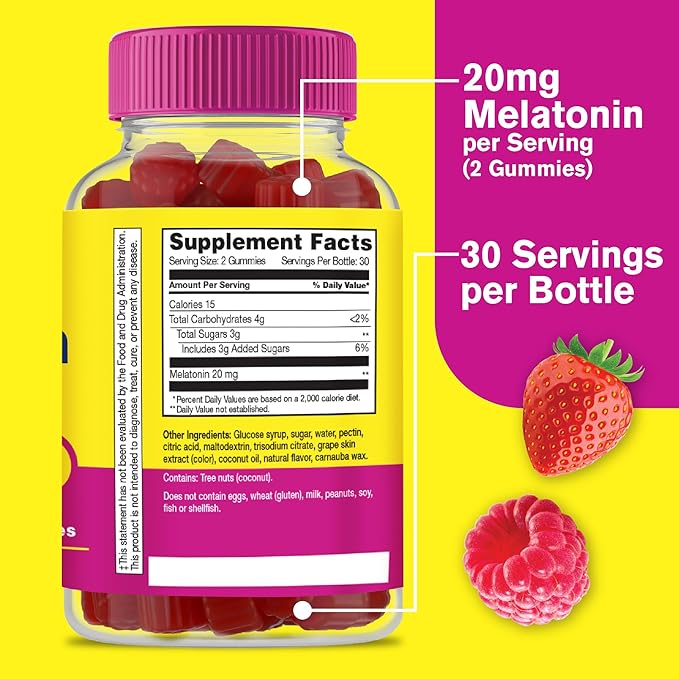 Melatonin Gummies 20mg | Sleep Support | Maximum Strength Melatonin 20mg Gummies for Adults | Fast Dissolved | Great Berry Flavor | 60 Count | Vegan, Non GMO