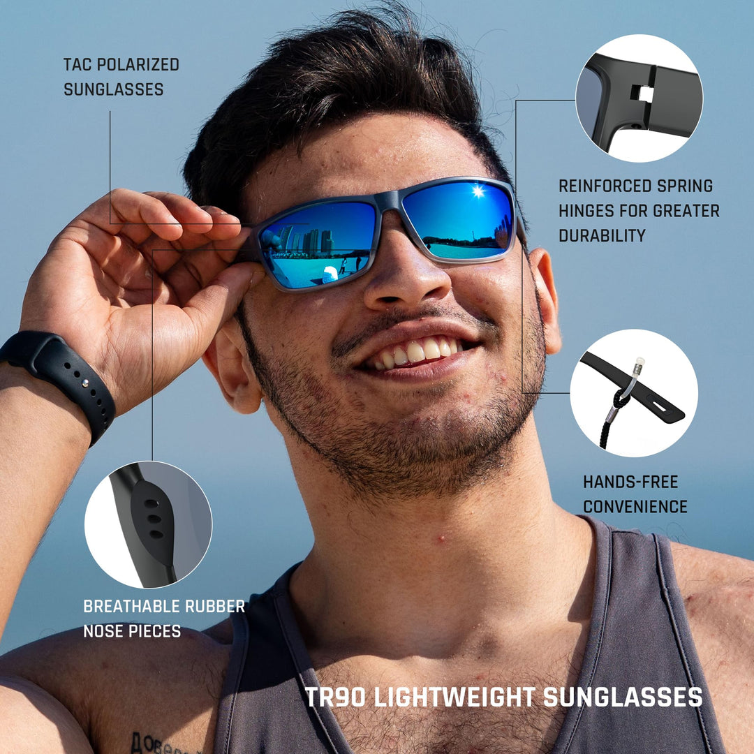 TOREGE Polarized Sports Sunglasses for Men and Women Cycling Running Golf Fishing Sunglasses TR26 (Matte-Transparent Grey Frame &Ice Blue Lens)