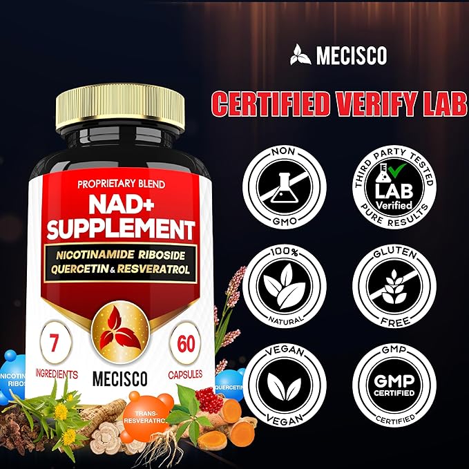 NAD+ Supplement with Nicotinamide Riboside w/Quercetin, Resveratrol, Turmeric, Rhodiola Rosea, Astragalus - 60 Count