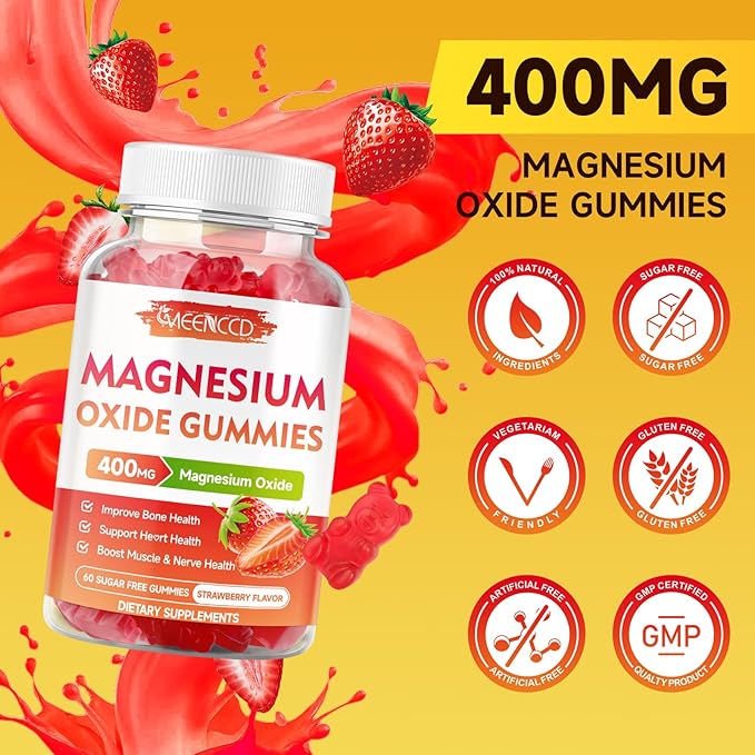 2 Pack Magnesium Oxide Gummies 400mg, Chewable Magnesium Oxide Supplement for Adults & Kids, Nerve & Muscle Support, Non-GMO, Sugar-Free, Strawberry Flavor, 120 Count