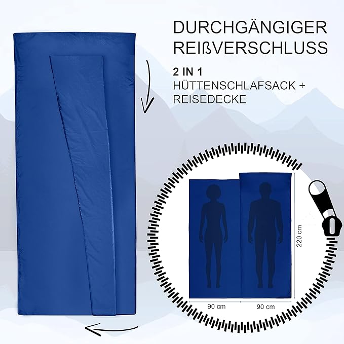 2-in-1 Sleeping Bag Liner and XL Sized Travel Sheet - All Around Zipper - 100% Cotton - Ultra Lightweight Sleep Liner for Hotel Hostel and Camping