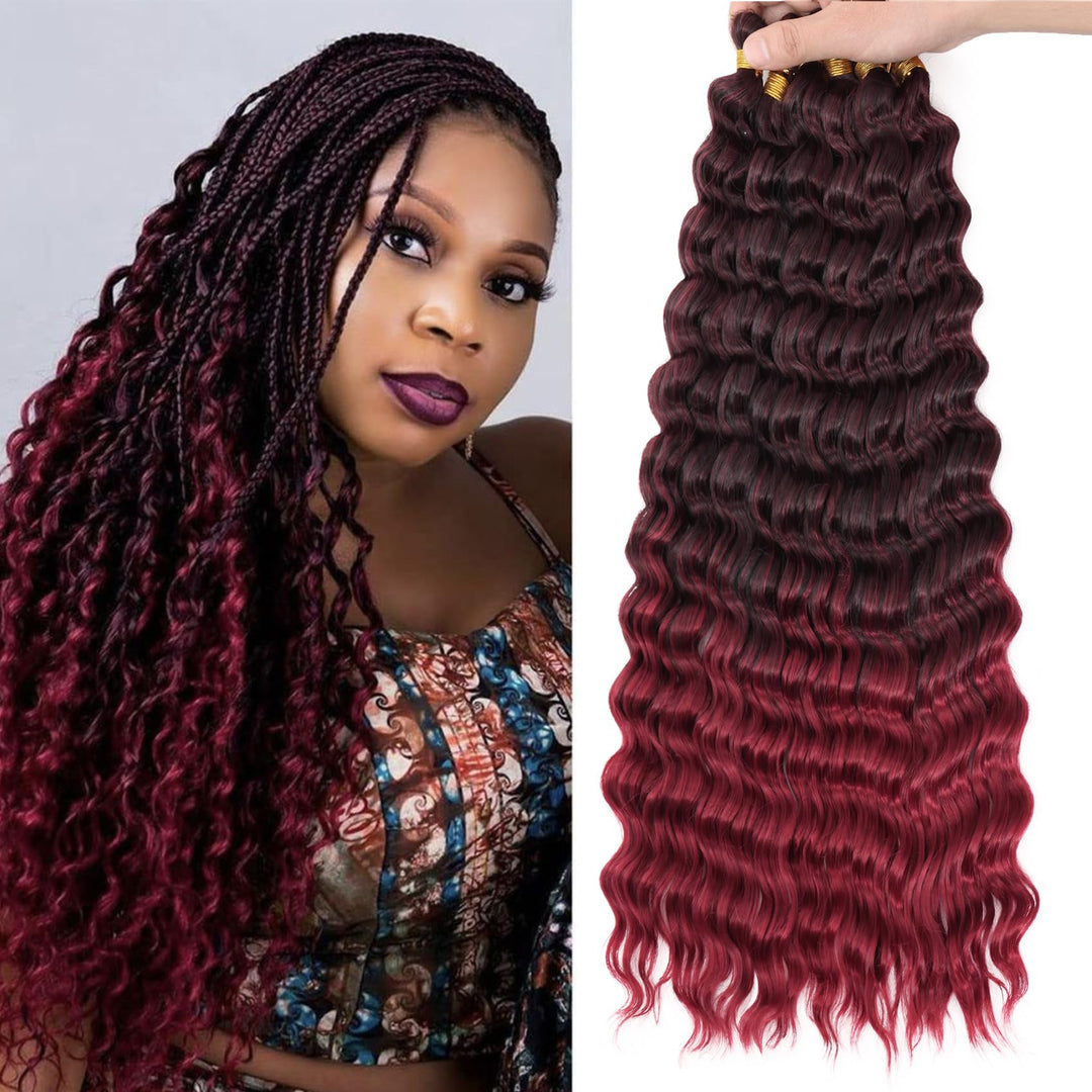 Eerya Ocean Wave Crochet Hair 18 Inch 6 Packs Deep Wave Crochet Hair for Black Women Synthetic Wavy Curly Braiding Hair for Boho Braids (18 inch,T1B/Burgundy)