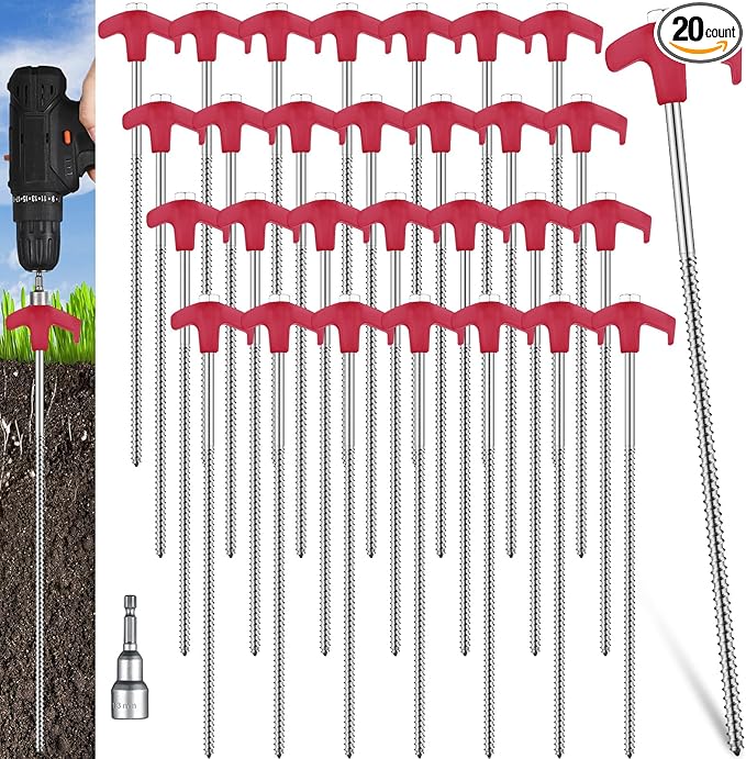Hicarer 12 Inch Tent Stakes Screw in Camping Stakes Heavy Duty Metal Stake Ground Anchor Peg Threaded Tent Spikes with Hex Head Driver for Camping Garden Inflatable