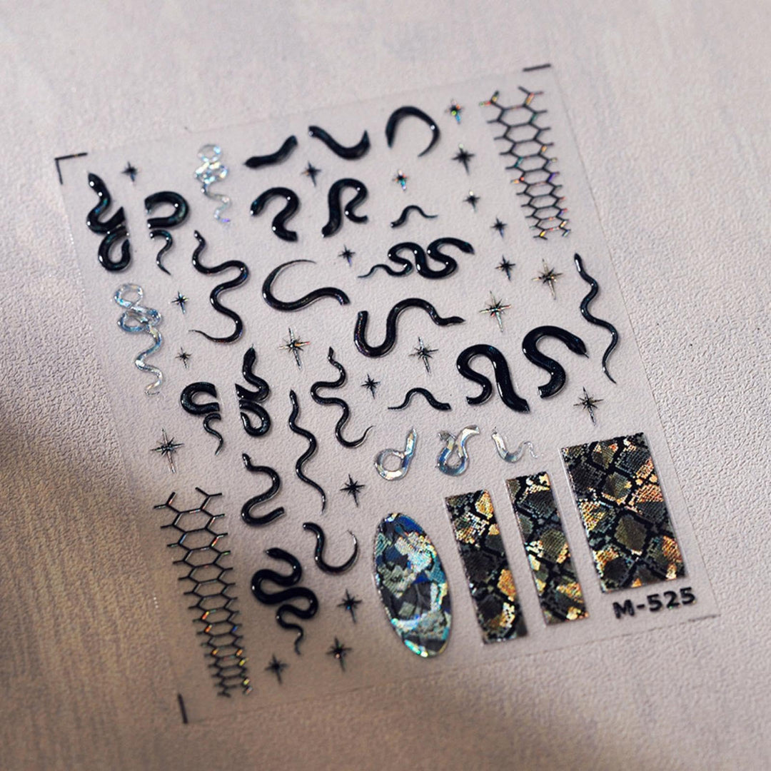 Snake Nail Stickers 5D Embossed Halloween Nail Art Stickers Black Snake Nail Decals Self-Adhesive Silver Nail Art Stickers for Women Girls Acrylic Nails Manicure Supplies