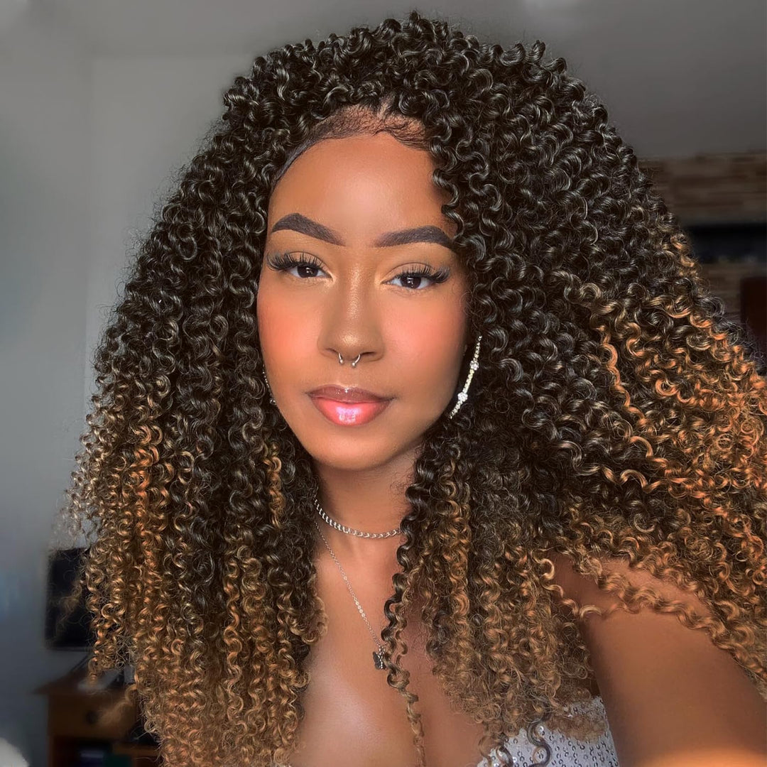 WIGER Kinky Curly Braiding Hair Marlybob Crochet Hair Ombre Brown Jerry Curly Passion Twist Hair 18 Inches Long Curly Crochet Braids for Women Synthetic Kinky Twisted Hair Extensions (6 Packs, 1B/30)