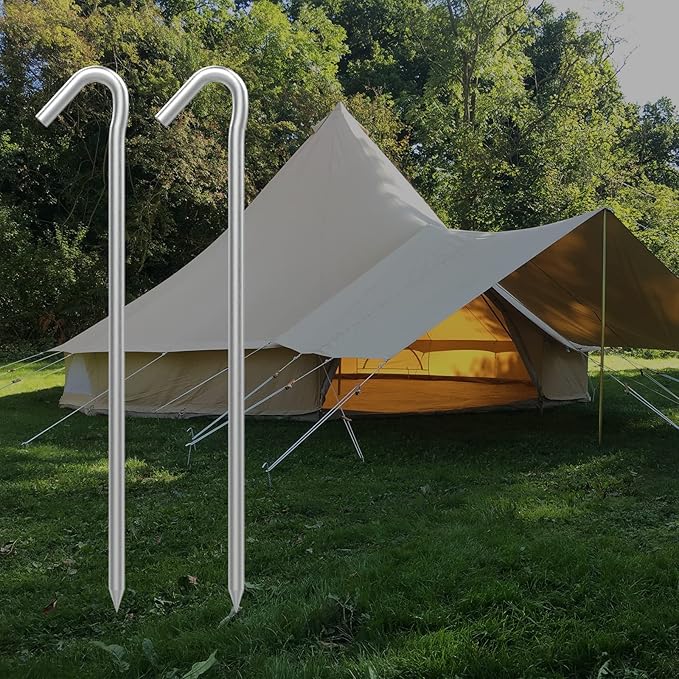 AAGUT 50 Pack Inflatable Stakes and Tethers, 9" Metal Camping Tent Stakes, Galvanized Garden Edging Fence Hooks, Ground Stakes for Trap and Christmas Decorations, Canopy Pegs with and Ties and T Hook