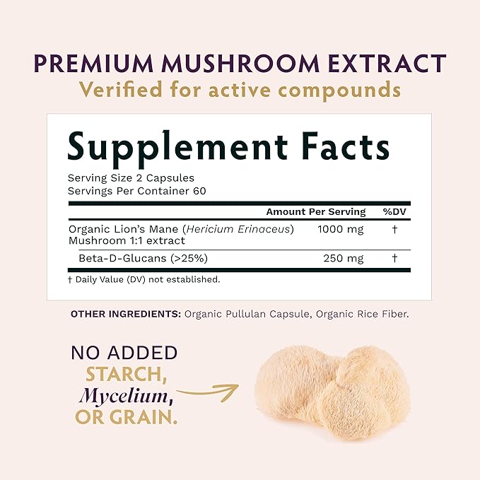 TRIBE ORGANICS Lion’s Mane Supplement 1800mg Mushroom Extract Powder - Immune System Booster & Brain Nootropic for Focus and Memory | Mental Clarity | Natural Energy and Immunity - 120 Vegan Capsules