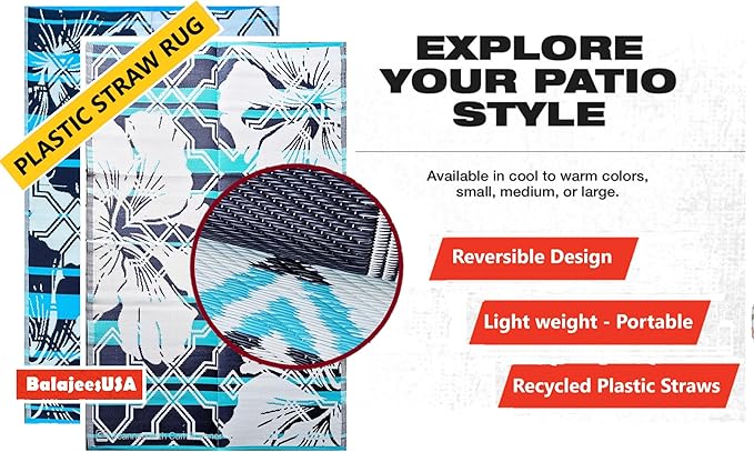 BalajeesUSA Outdoor Decor Patio Rugs – 6x9, Aqua Blue Waterproof Affordable Multipurpose Woven Plastic Straw All-Weather Waterproof Rug Reversible Camper mat Awning 7100