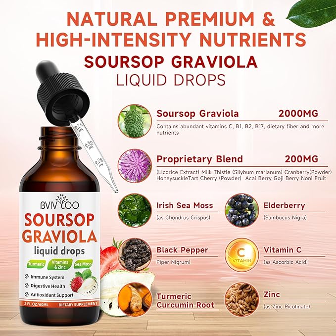 Soursop Graviola Liquid Drops for Cell Support & Regeneration, Immune Boost, Relax, Liver and Sleep, Soursop Bitters Liquid, Sugar/Gluten Free, Natural Strawberries Flavor - 2 Fl Oz (60ml) Bottle