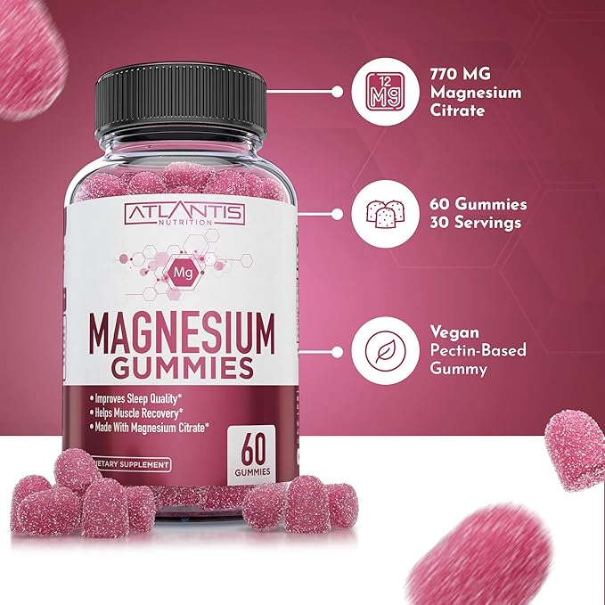 Atlantis Nutrition Magnesium Citrate Gummies – 770mg Magnesium Citrate for Kids & Adults | Supports Muscle Recovery, Eases Cramps, Promotes Calmness & Better Sleep | 60 Vegan Gummies