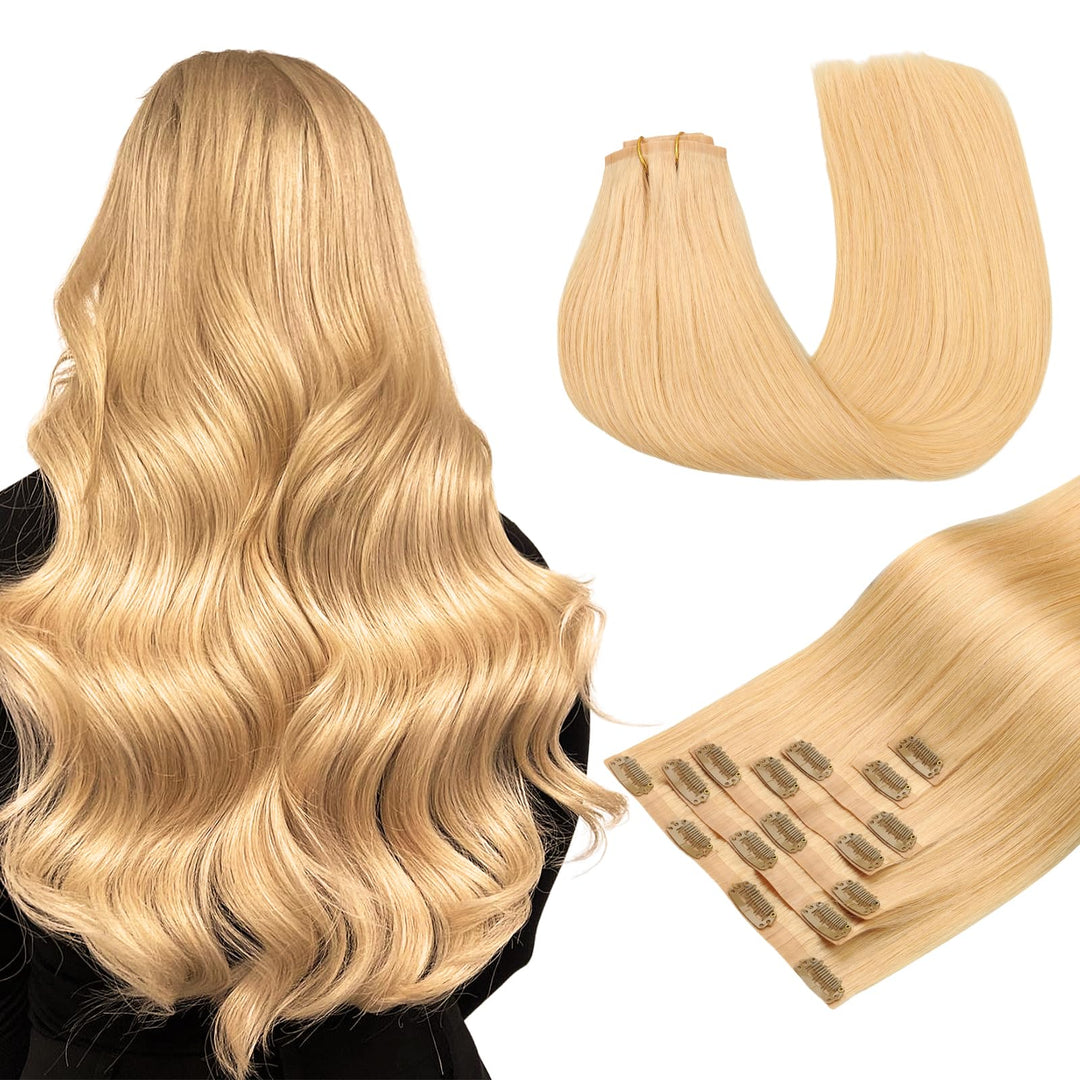 Maxita Clip In Hair Extensions Real Human Hair,110G 7Pcs Beige Blonde 20 Inch,Seamless Hair Extensions Clip In Human Hair Straig
