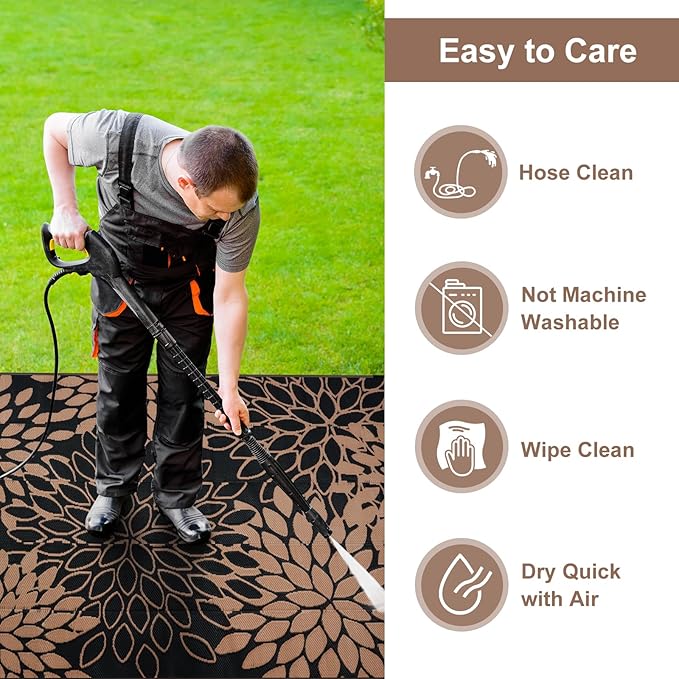 Anidaroel Outdoor Rugs 6x9ft for Patios Clearance Waterproof, Reversible Tropical Plastic Straw Camping Mat Outside Rug, Large Outdoor Area Rug for RV,Deck, Balcony, Picnic(Black/Brown,6'x9')